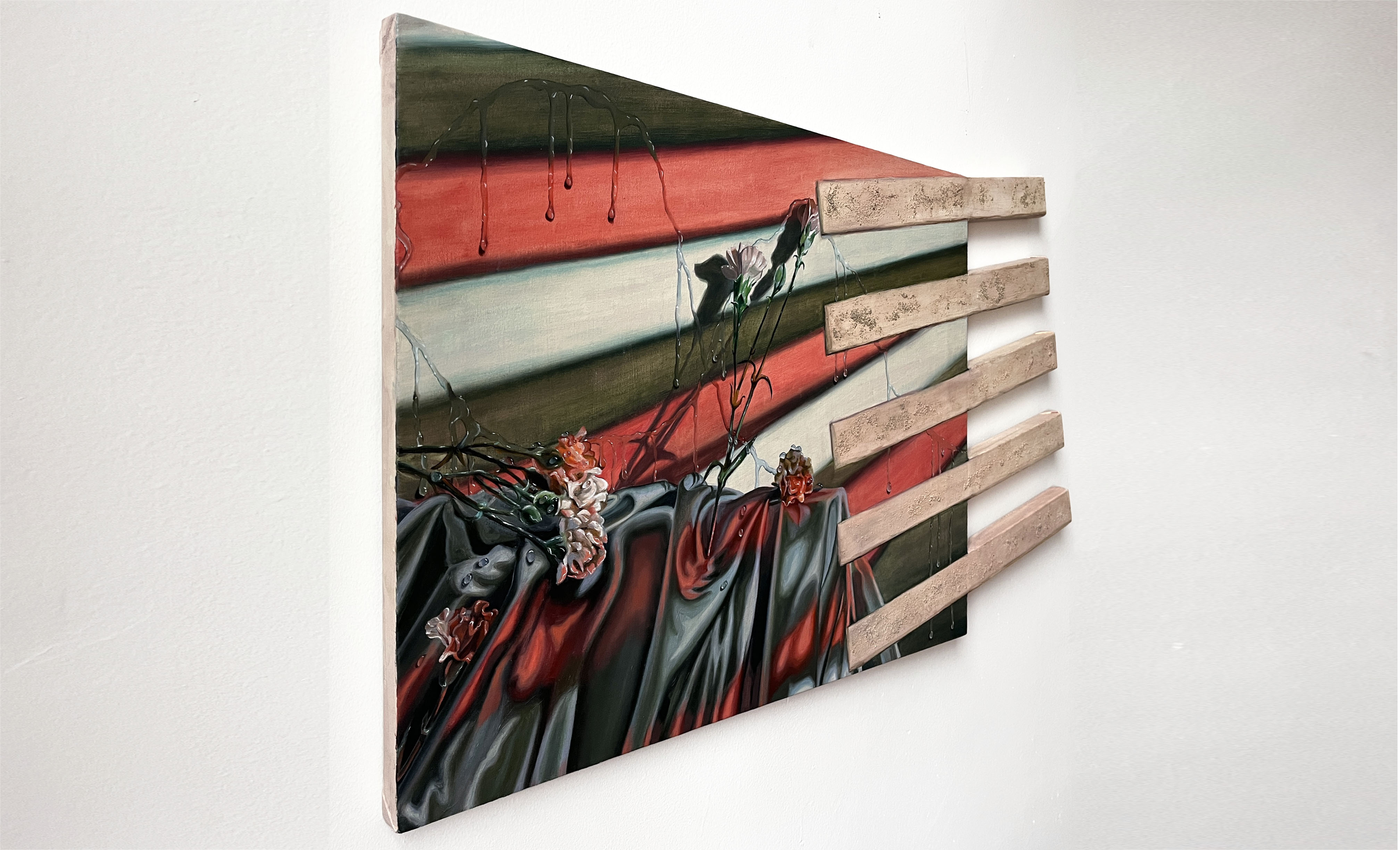 Accidents Happen, (left side view) 18x32x1 1/8 <br>oil and pumice gel on built canvas, 2024
<br>